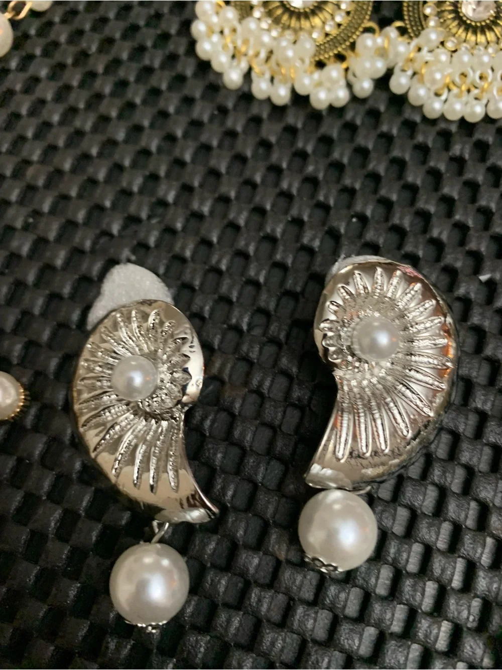 Gold Pearl Cross Necklace, Matching Necklace Drop Earrings & Silver 🐚 Earrings